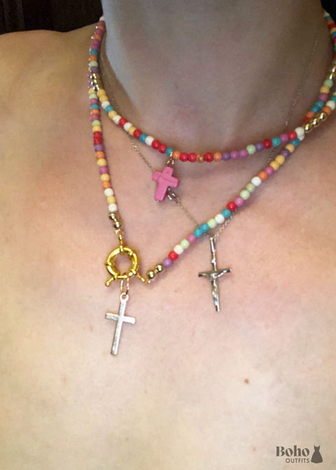 Boho Necklace, Seed Bead Layered Choker, Double Cross